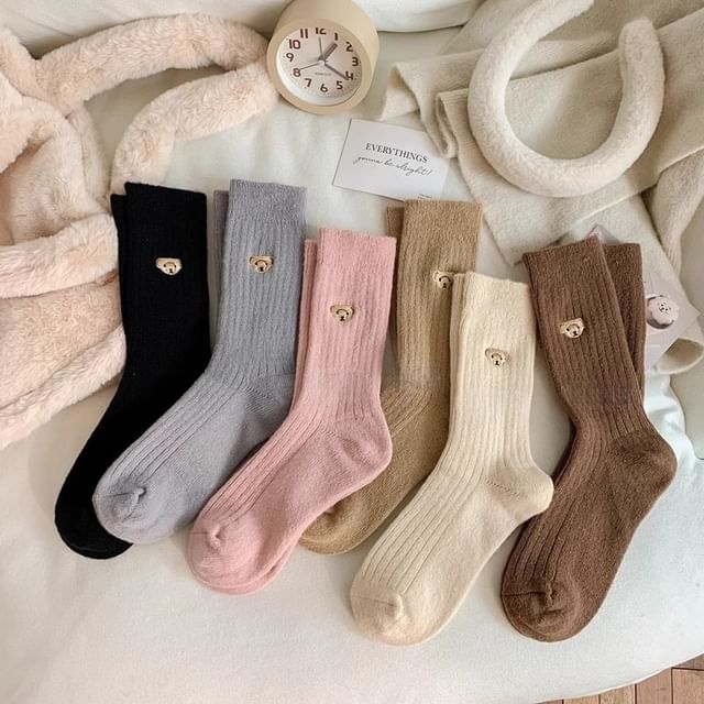 Bear Embroidered Ribbed Short Socks Set