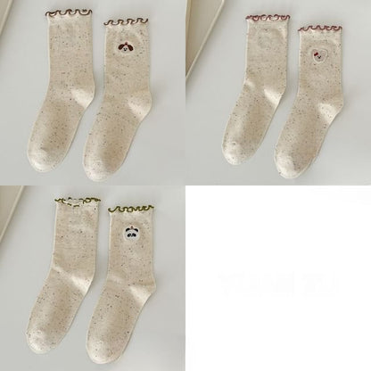 Animal Embroidered Melange Frill Short Socks Set