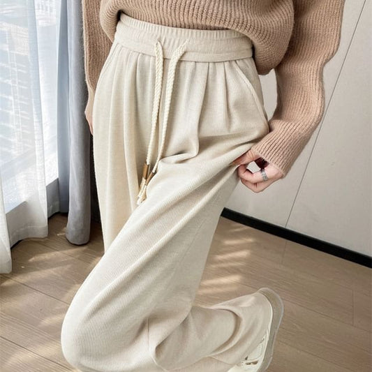 Pantalon en tricot uni à jambe large avec cordon de serrage à la taille