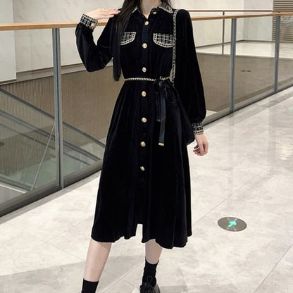 Long Sleeve Collared Plaid Button Panel Velvet Midi A-Line Dress