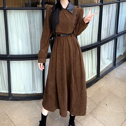 Long Sleeve Contrast Collar Mock Two Piece Corduroy Midi A-Line Dress