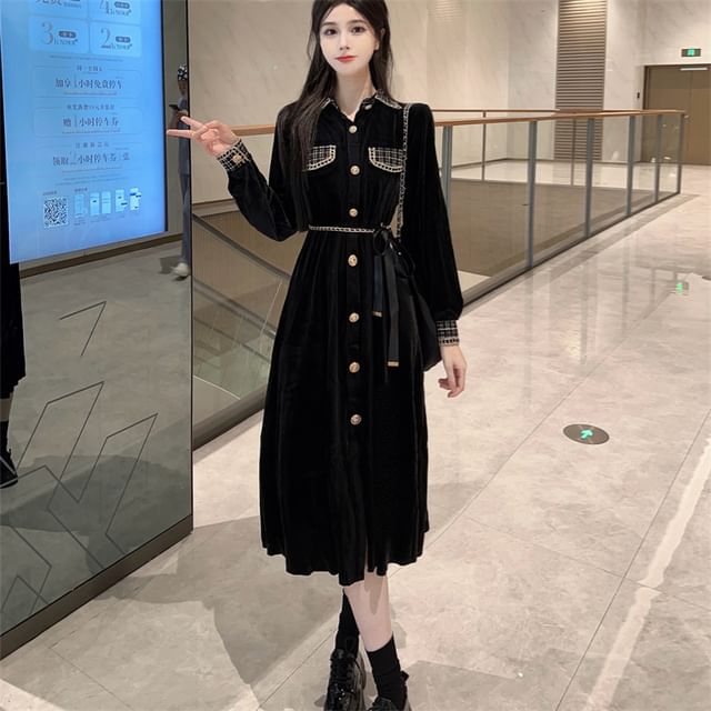 Long Sleeve Collared Plaid Button Panel Velvet Midi A-Line Dress