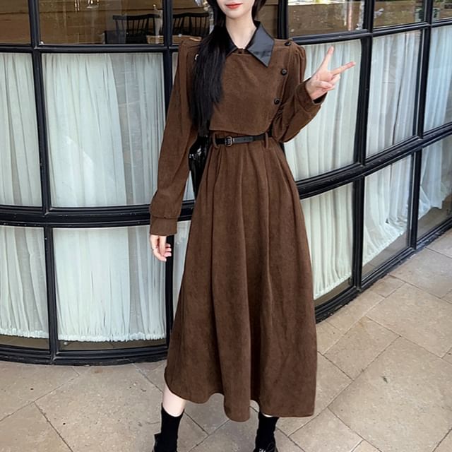 Long Sleeve Contrast Collar Mock Two Piece Corduroy Midi A-Line Dress