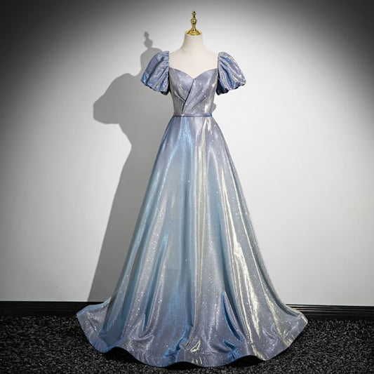 Robe de soirée trapèze brillante à manches courtes