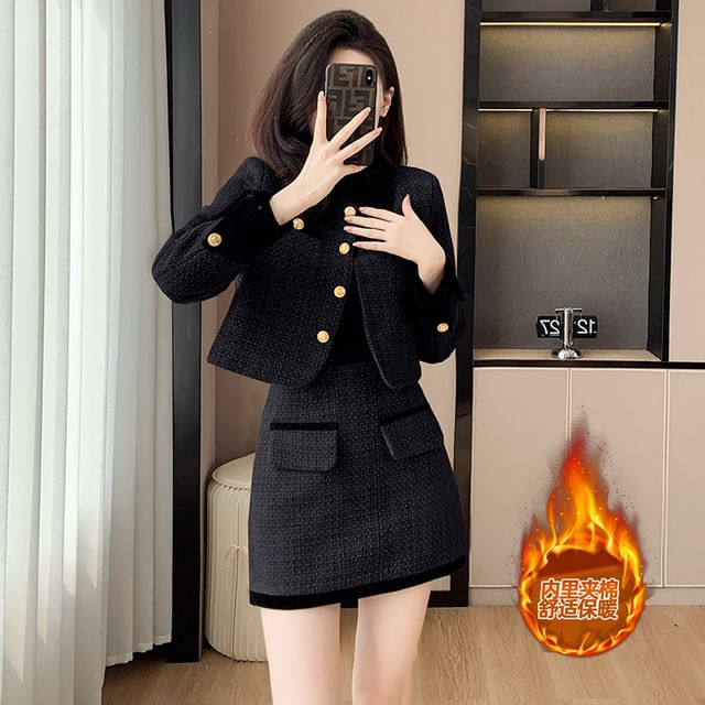 Set: Collared Contrast Trim Button-Up Tweed Crop Jacket + High Rise Mini A-Line Skirt