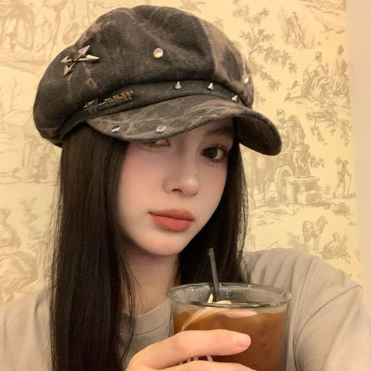 Applique Cap Newsboy Star Denim Studded