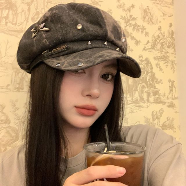 Applique Cap Newsboy Star Denim Studded