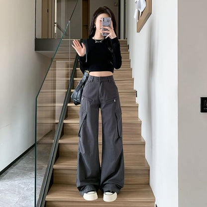 Pantalon cargo uni à taille haute et jambes larges