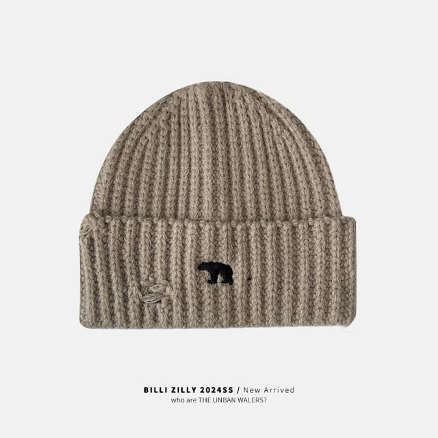 Bear Embroidered Knit Beanie