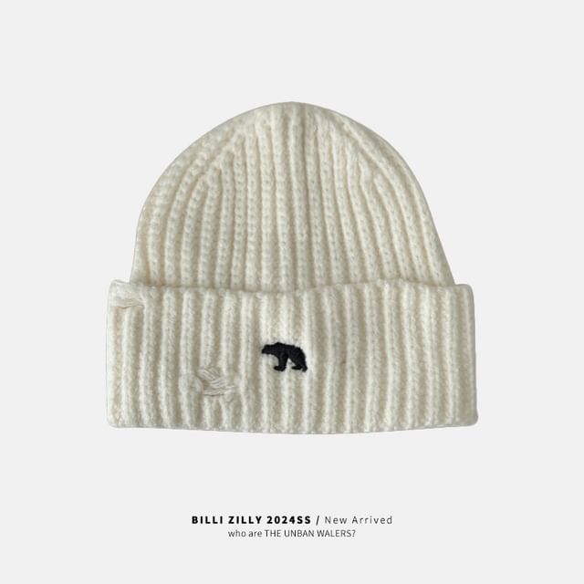 Bear Embroidered Knit Beanie