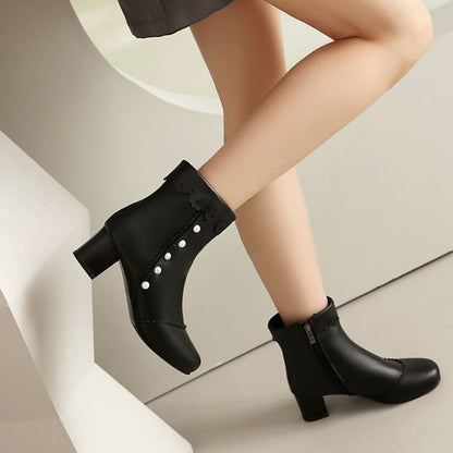 Short Faux Pearl Heel Chunky Boots