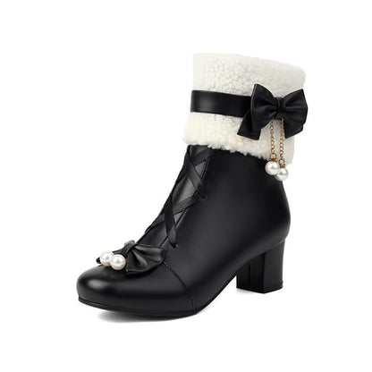 Panel Chunky Short Boots Heel Fleece Bow