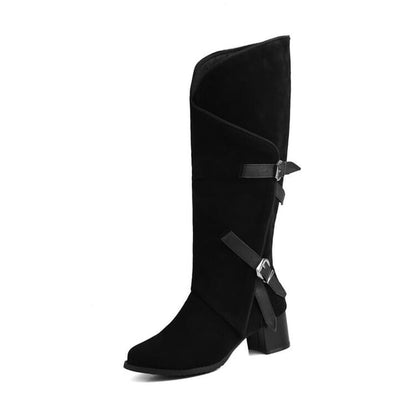 Buckled Asymmetrical Chunky Heel Tall Boots