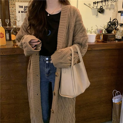 Cable-Knit V-Neck Long Cardigan