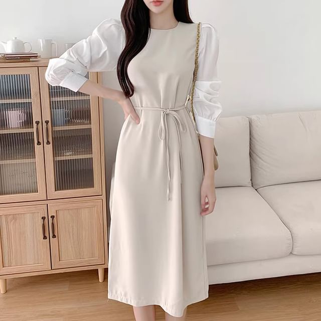 Puff-Sleeve Crew Neck Plain Tie Waist Midi Sheath Dress