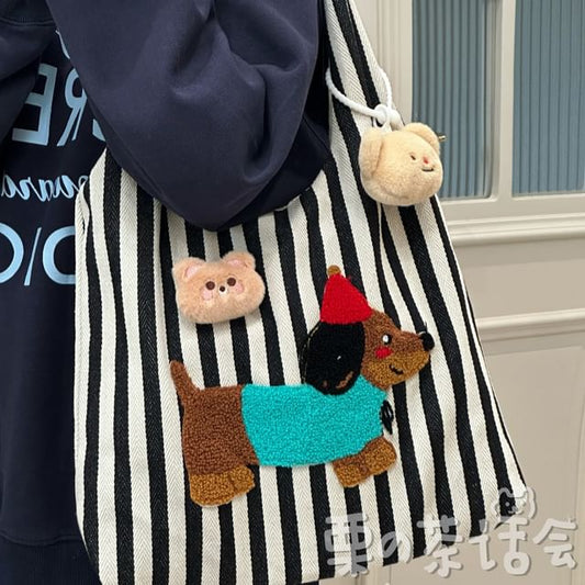 Fleece Dog Striped Canvas Tote Bag