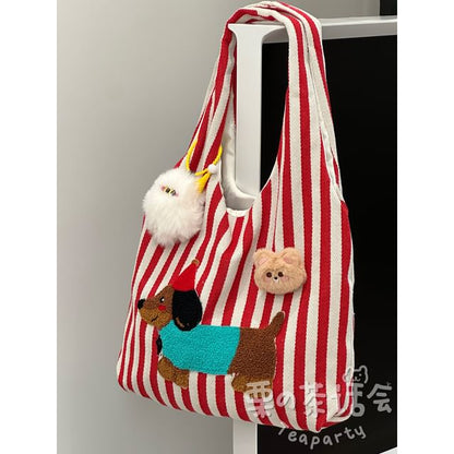 Fleece Dog Striped Canvas Tote Bag