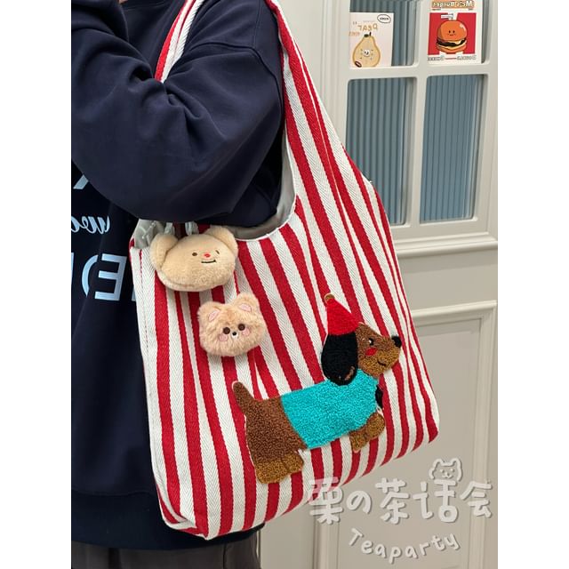 Fleece Dog Striped Canvas Tote Bag