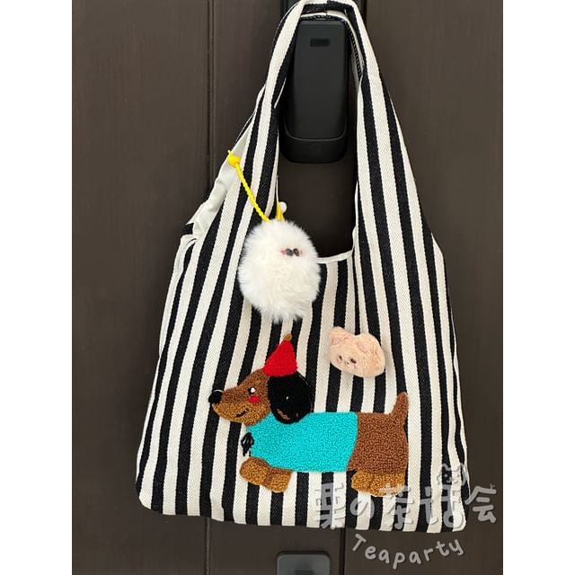 Fleece Dog Striped Canvas Tote Bag