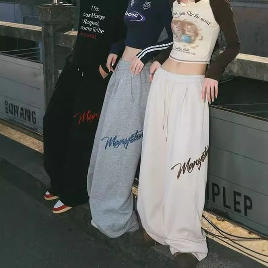 Low Rise Lettering Embroidered Loose-Fit Wide-Leg Sweatpants