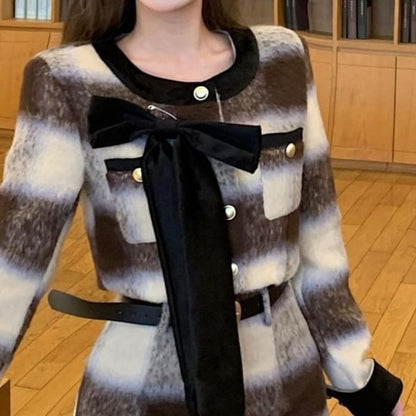 High Accent Neck Pencil Skirt Jacket Button-Up / Mini Plaid Crew Contrast Crop Rise Trim Bow