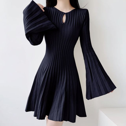 Flared-Sleeve Plain Cutout Ribbed Knit Mini A-Line Dress