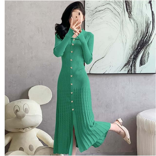 Long-Sleeve Collar Plain Ribbed Midi Sweater Dress