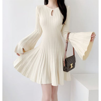 Flared-Sleeve Plain Cutout Ribbed Knit Mini A-Line Dress