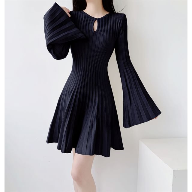 Flared-Sleeve Plain Cutout Ribbed Knit Mini A-Line Dress