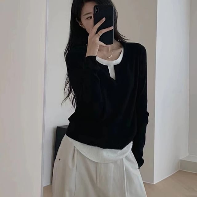 Long-Sleeve V-Neck Mock Two Piece Knit Top