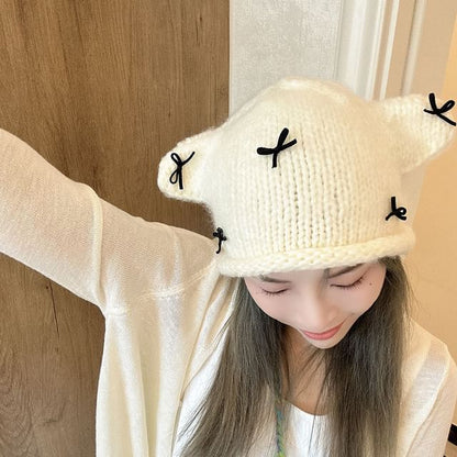 Animal Bow Knit Beanie Ear