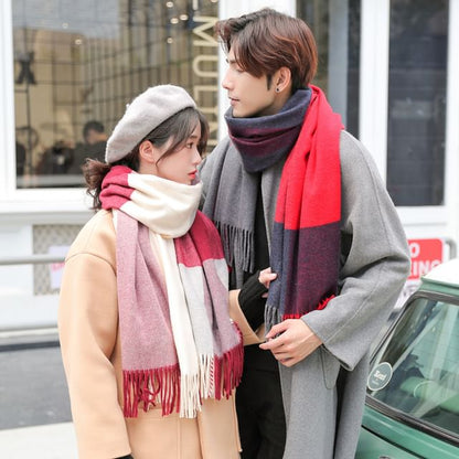 Couple Matching Plaid Fringed Trim Scarf