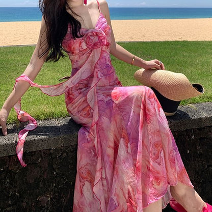 Tie Spaghetti Midi Strap A-Line Accent Sundress Flower Trim Dye Ruffle