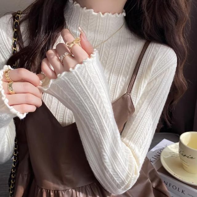 Long-Sleeve Edge Mock Lettuce Knit Top Neck Plain