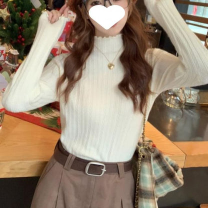 Long-Sleeve Edge Mock Lettuce Knit Top Neck Plain