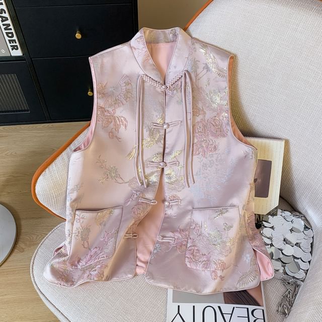 Gilet Hanfu à simple boutonnage avec poches florales et boutons grenouille