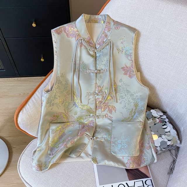 Gilet Hanfu à simple boutonnage avec poches florales et boutons grenouille