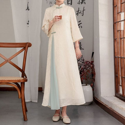 Flared-Sleeve Two Tone Maxi Hanfu Dress / Mid Rise Plain Wide Leg Pants