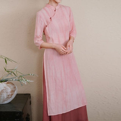 Elbow-Sleeve Striped Side-Slit Midi Hanfu Dress / Mid Rise Plain Maxi A-Line Skirt / Set