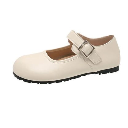 Plain Leather Toe Faux Flats Mary Jane Round Buckled