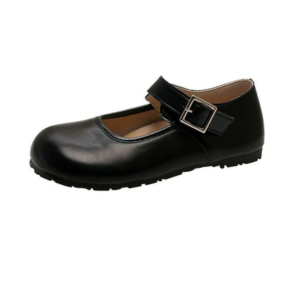 Plain Leather Toe Faux Flats Mary Jane Round Buckled