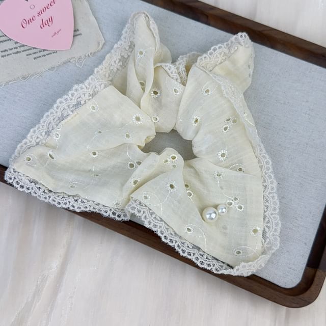 Lace-Trim Faux Pearl Accent Scrunchie