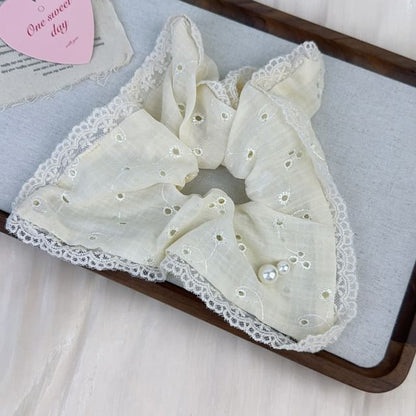 Lace-Trim Faux Pearl Accent Scrunchie