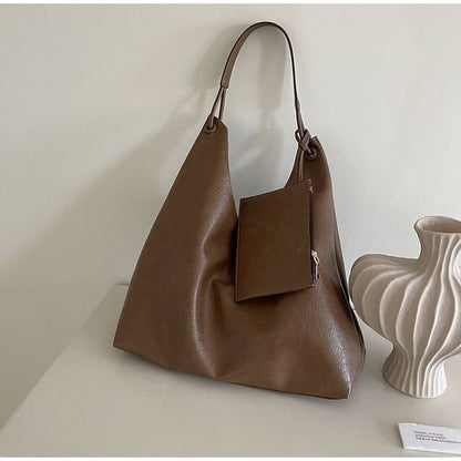 Leather With Faux Pouch Plain Tote Bag