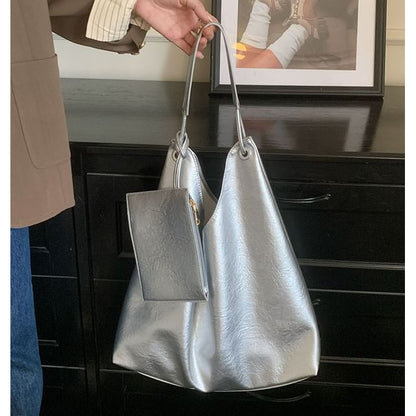 Leather With Faux Pouch Plain Tote Bag