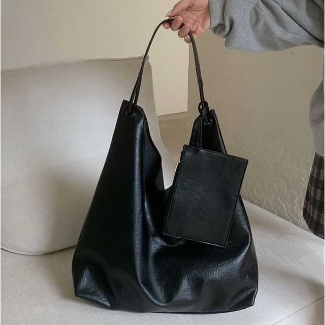 Leather With Faux Pouch Plain Tote Bag