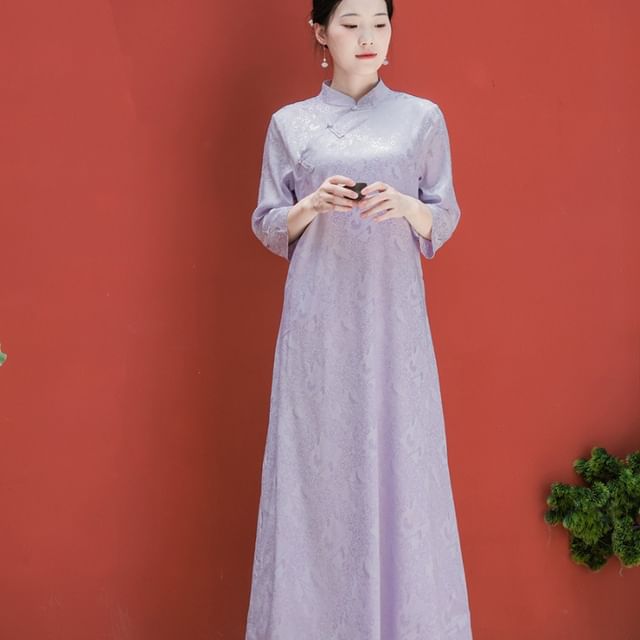 Traditional Chinese Long-Sleeve Print Maxi A-Line Dress / Wide Leg Pants