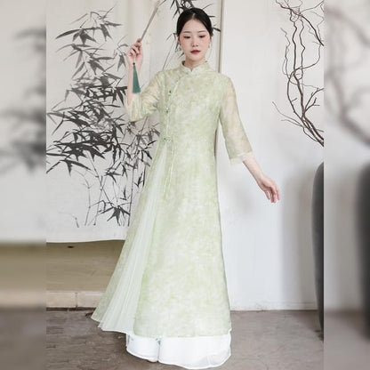 Traditional Chinese Long-Sleeve Print Maxi A-Line Dress / Pants