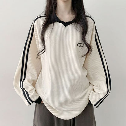 Long Contrast-Trim Sleeve Waffle Loose-Fit Pattern Embroidered