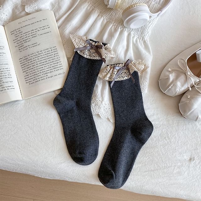 Bow Lace Trim Ribbed Socks / Set